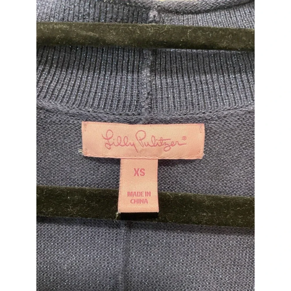Lilly Pulitzer Micaila Cardigan Sweater Navy Metallic Open Longline Tulip Hem XS - Picture 4 of 7